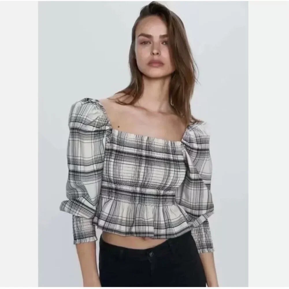 Zara Square Neck Puff Sleeve Plaid Blouse Size L NEW WITH TAG!